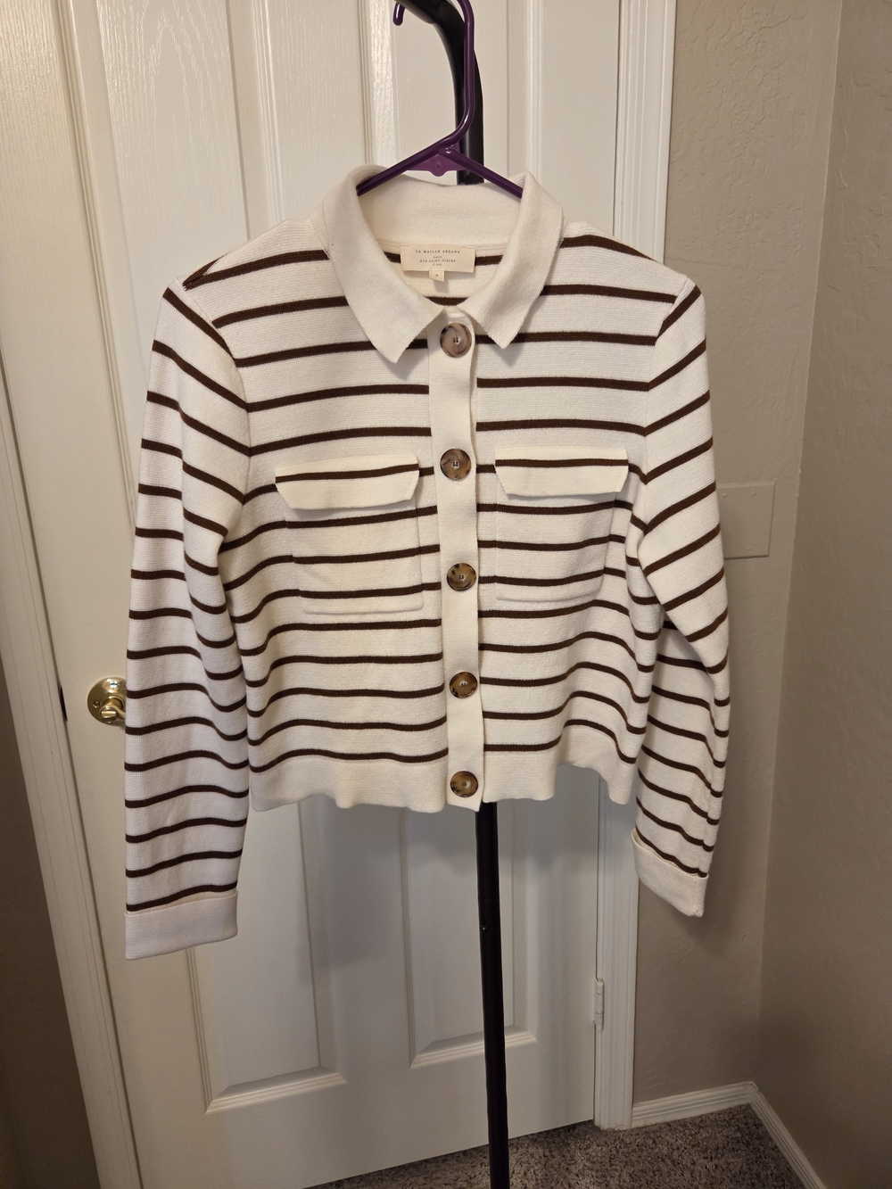 Sezane Ecru & Brown Stripe Betty Cardigan - S